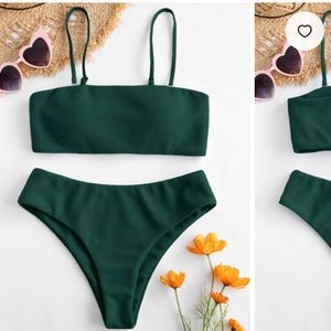 High waisted textured bikini bandeau set